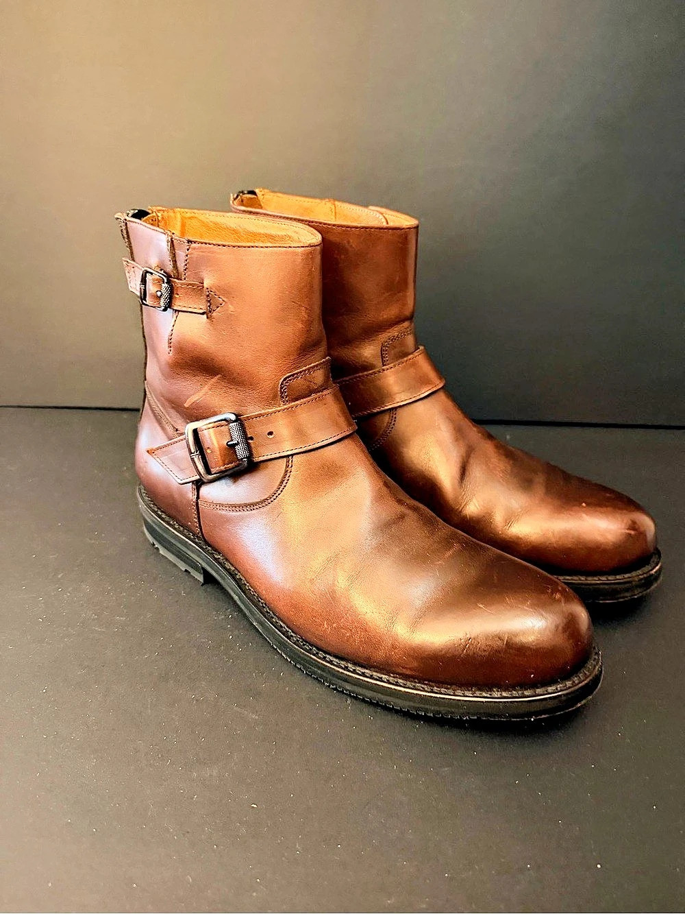 FRYE Men's Brown Leather Engineer Biker Ankle Boots Zip Buckle US 9.5D